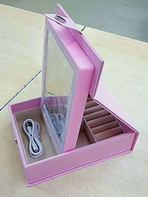 PORTABLE COSMETIC MIRROR WITH RECHARGEABLE LED LIT BORDER AND JEWELRY STORAGE BOX* pink