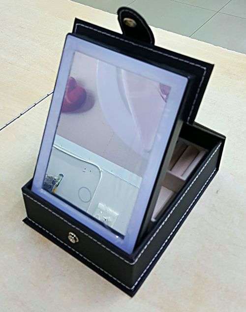 PORTABLE COSMETIC MIRROR WITH RECHARGEABLE LED LIT BORDER AND JEWELRY STORAGE BOX* BLACK