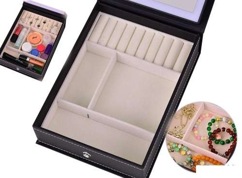 PORTABLE COSMETIC MIRROR WITH RECHARGEABLE LED LIT BORDER AND JEWELRY STORAGE BOX* BLACK
