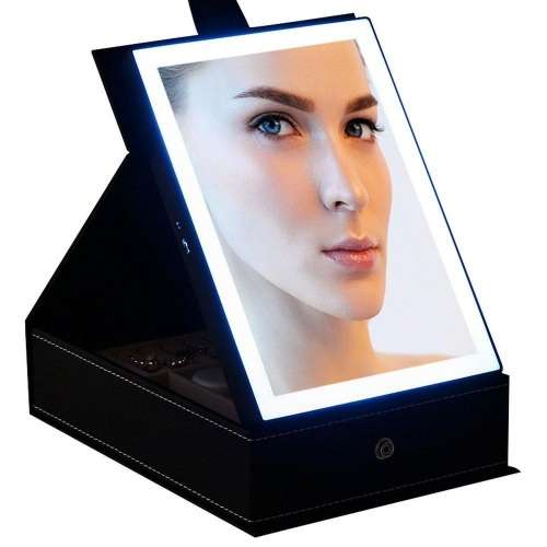 PORTABLE COSMETIC MIRROR WITH RECHARGEABLE LED LIT BORDER AND JEWELRY STORAGE BOX* BLACK