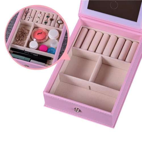 PORTABLE COSMETIC MIRROR WITH RECHARGEABLE LED LIT BORDER AND JEWELRY STORAGE BOX* pink