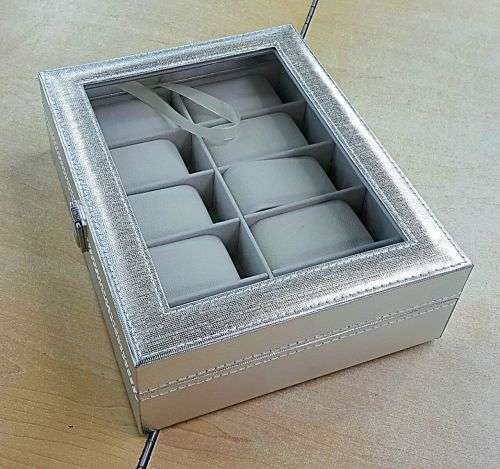 WATCH BOX / DISPLAY / CASE / STORAGE *10 SLOT/ BLOCK/ DIVISION* BRIGHT SILVER TEXTILE PU LEATHER