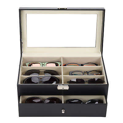 BLACK PU LEATHER 12 SLOT DOUBLE TIER EYE WEAR SUNGLASSES STORAGE DISPLAY / ORGANIZER BOX / CASE