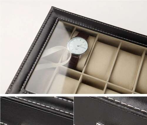 WATCH BOX / DISPLAY / CASE / STORAGE *12 SLOT/ BLOCK/ DIVISION* DYNAMITE BLACK SMOOTH PU LEATHER