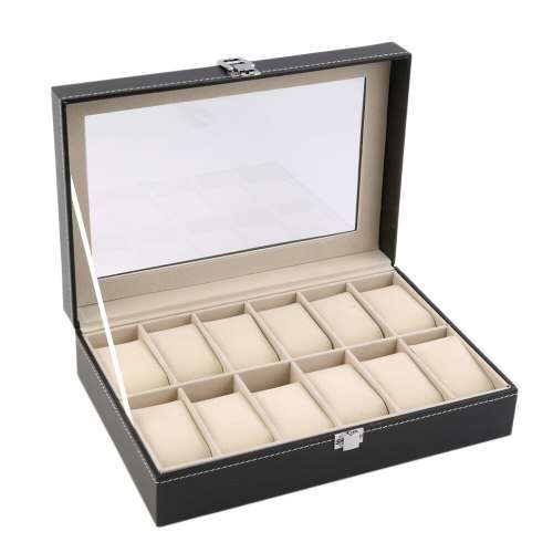 WATCH BOX / DISPLAY / CASE / STORAGE *12 SLOT/ BLOCK/ DIVISION* DYNAMITE BLACK SMOOTH PU LEATHER