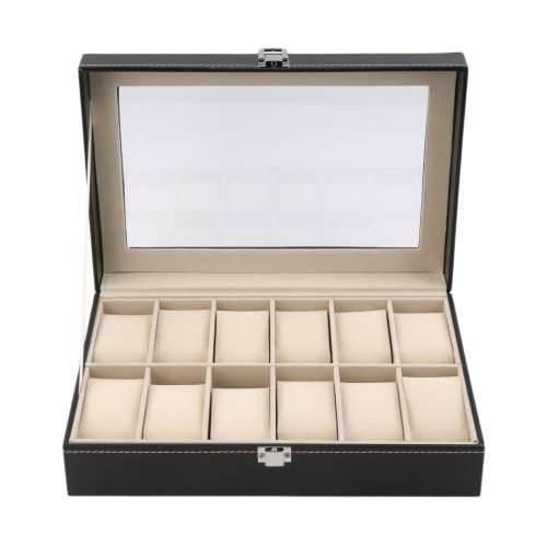 WATCH BOX / DISPLAY / CASE / STORAGE *12 SLOT/ BLOCK/ DIVISION* DYNAMITE BLACK SMOOTH PU LEATHER