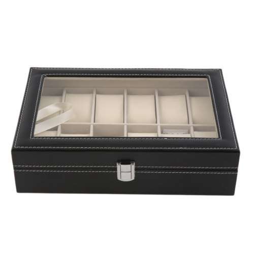 WATCH BOX / DISPLAY / CASE / STORAGE *12 SLOT/ BLOCK/ DIVISION* DYNAMITE BLACK SMOOTH PU LEATHER
