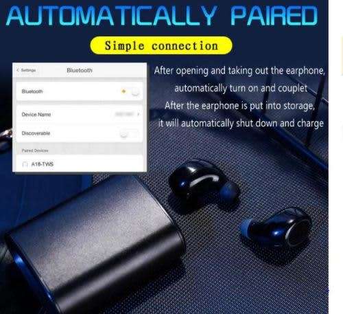 A18-TWS TRUE BLUETOOTH WIRELESS EARPHONES / EARBUDS TWINS WIRELESS EARBUDS WITH CHARGING POD