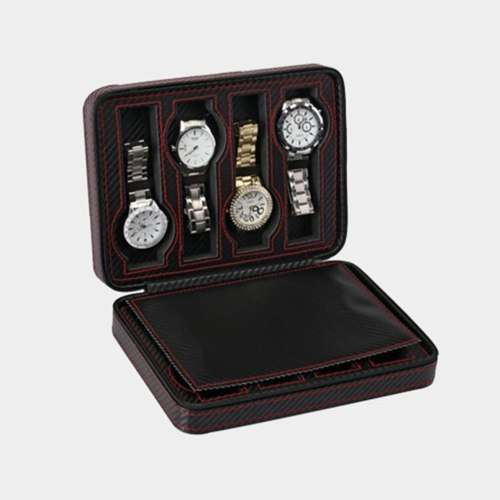 WATCH BOX DISPLAY CASE STORAGE ORGANISER 8 SLOT LUXURY TRAVELLERS ZIPPERED CARBON FIBER DESIGN