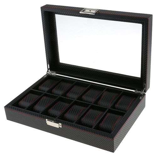WATCH BOX DISPLAY CASE STORAGE ORGANISER 12 SLOT BLOCK DIVISION BLACK CARBON FIBER