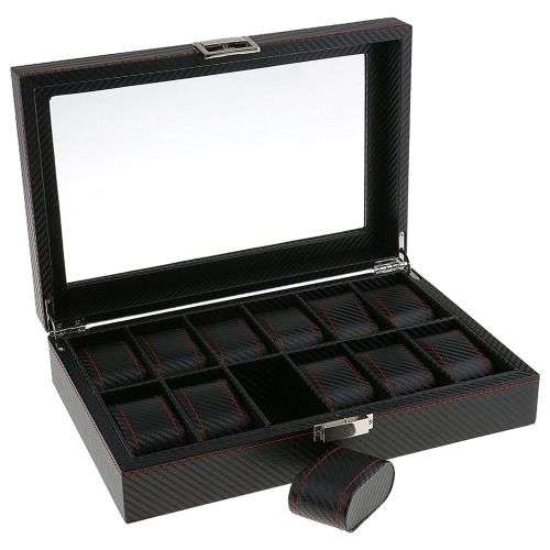WATCH BOX DISPLAY CASE STORAGE ORGANISER 12 SLOT BLOCK DIVISION BLACK CARBON FIBER