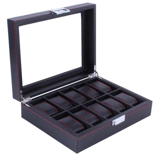 WATCH BOX DISPLAY CASE STORAGE ORGANISER 12 SLOT BLOCK DIVISION BLACK CARBON FIBER