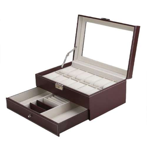 WATCH BOX DISPLAY CASE STORAGE ORGANISER 12 SLOT DIVISION SMOOTH PU LEATHER DOUBLE TIER JEWELRY BOX