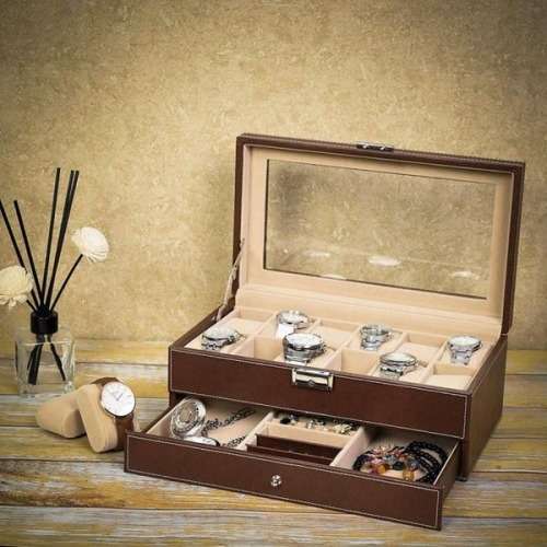 WATCH BOX DISPLAY CASE STORAGE ORGANISER 12 SLOT DIVISION SMOOTH PU LEATHER DOUBLE TIER JEWELRY BOX