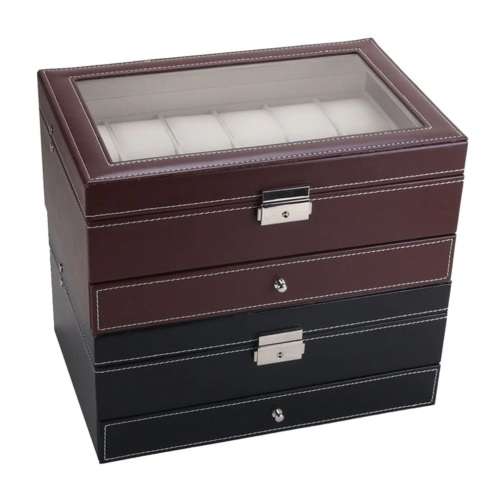 WATCH BOX DISPLAY CASE STORAGE ORGANISER 12 SLOT DIVISION SMOOTH PU LEATHER DOUBLE TIER JEWELRY BOX