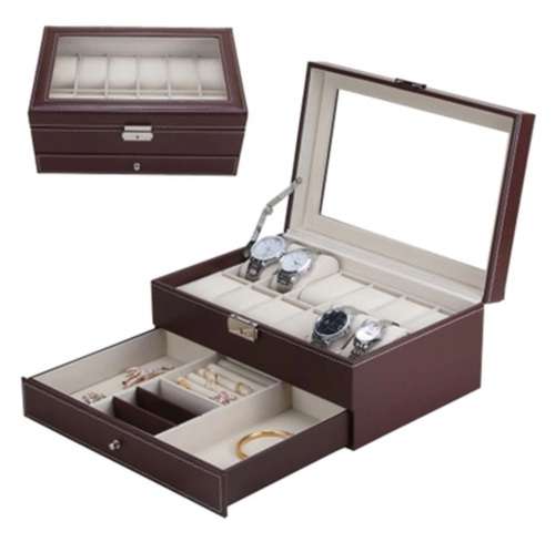 WATCH BOX DISPLAY CASE STORAGE ORGANISER 12 SLOT DIVISION SMOOTH PU LEATHER DOUBLE TIER JEWELRY BOX
