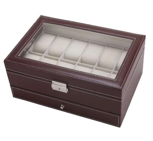 WATCH BOX DISPLAY CASE STORAGE ORGANISER 12 SLOT DIVISION SMOOTH PU LEATHER DOUBLE TIER JEWELRY BOX