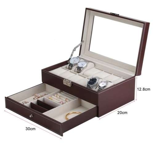 WATCH BOX DISPLAY CASE STORAGE ORGANISER 12 SLOT DIVISION SMOOTH PU LEATHER DOUBLE TIER JEWELRY BOX