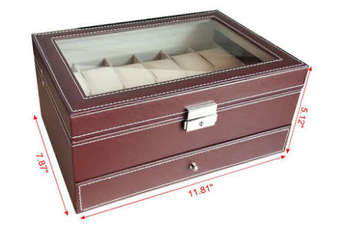 WATCH BOX DISPLAY CASE STORAGE ORGANISER 12 SLOT DIVISION SMOOTH PU LEATHER DOUBLE TIER JEWELRY BOX