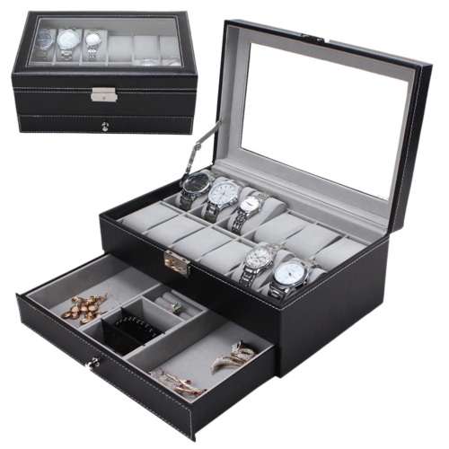 WATCH BOX DISPLAY CASE STORAGE ORGANISER 12 SLOT DIVISION SMOOTH PU LEATHER DOUBLE TIER JEWELRY BOX