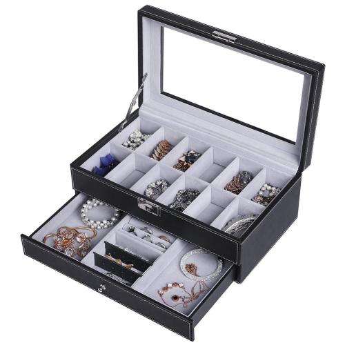WATCH BOX DISPLAY CASE STORAGE ORGANISER 12 SLOT DIVISION SMOOTH PU LEATHER DOUBLE TIER JEWELRY BOX
