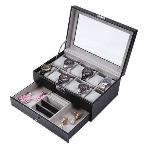 WATCH BOX DISPLAY CASE STORAGE ORGANISER 12 SLOT DIVISION SMOOTH PU LEATHER DOUBLE TIER JEWELRY BOX