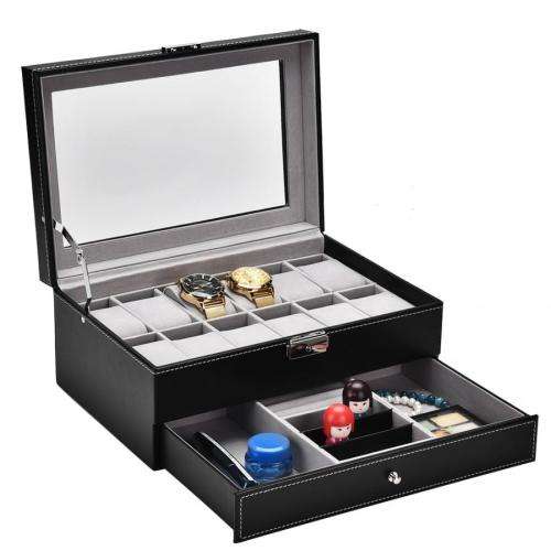 WATCH BOX DISPLAY CASE STORAGE ORGANISER 12 SLOT DIVISION SMOOTH PU LEATHER DOUBLE TIER JEWELRY BOX