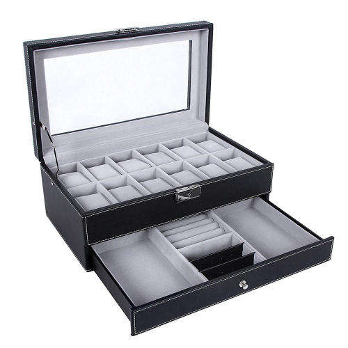 WATCH BOX DISPLAY CASE STORAGE ORGANISER 12 SLOT DIVISION SMOOTH PU LEATHER DOUBLE TIER JEWELRY BOX
