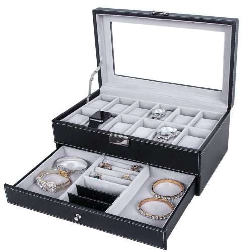 WATCH BOX DISPLAY CASE STORAGE ORGANISER 12 SLOT DIVISION SMOOTH PU LEATHER DOUBLE TIER JEWELRY BOX