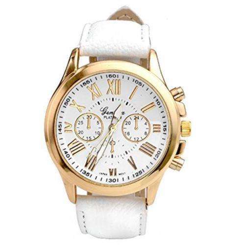 Fashion Womens Watch Geneva Roman Numerals Leather Band Analog Quartz Wristwatch