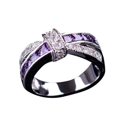Stunning Purple Amethyst 18K White Gold Filled Cross Ring - Size 7