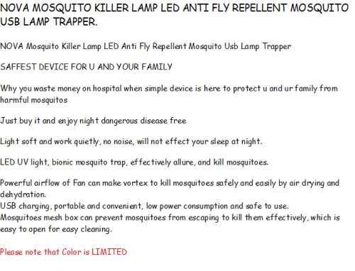NOVA MOSQUITO KILLER LAMP - LED ANTI FLY REPELLENT MOSQUITO USB LAMP TRAPPER.