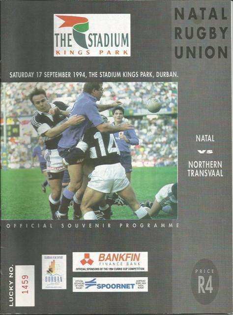 Rugby Programme. Natal  V Northern Transvaal 17th Sept 1994 as scan