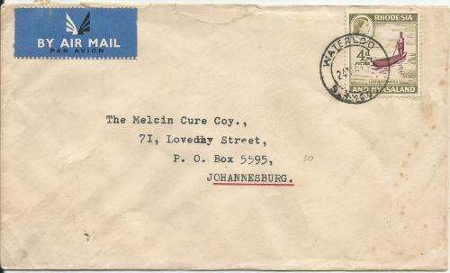 Rhodesia and Nyasaland cover with Waterloo postmark as scan