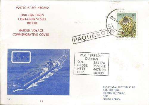 South Africa Unicorn Line  cover No 17 Paquebot Cancel as scan