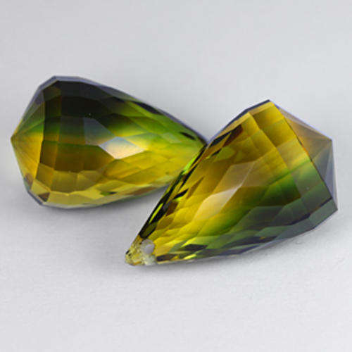 31.58 ct 2 x MATCHING PAIR  YELLOW & GREEN BRIOLETTE CUT QUARTZ Gemstone