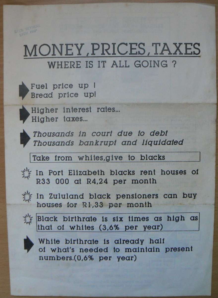 HNP A4 pamphlet (4 pages) promoting price control - apartheid propaganda circa 1989
