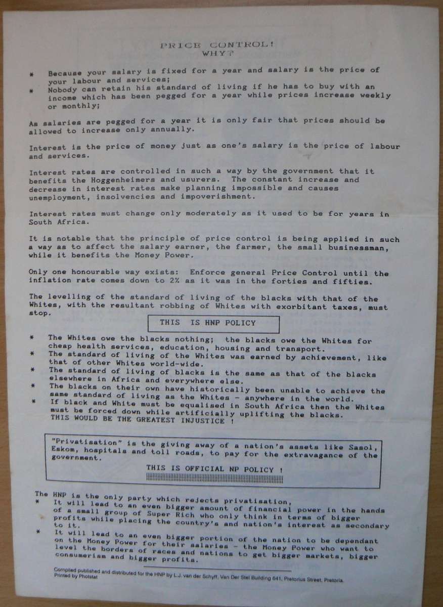 HNP A4 pamphlet (4 pages) promoting price control - apartheid propaganda circa 1989