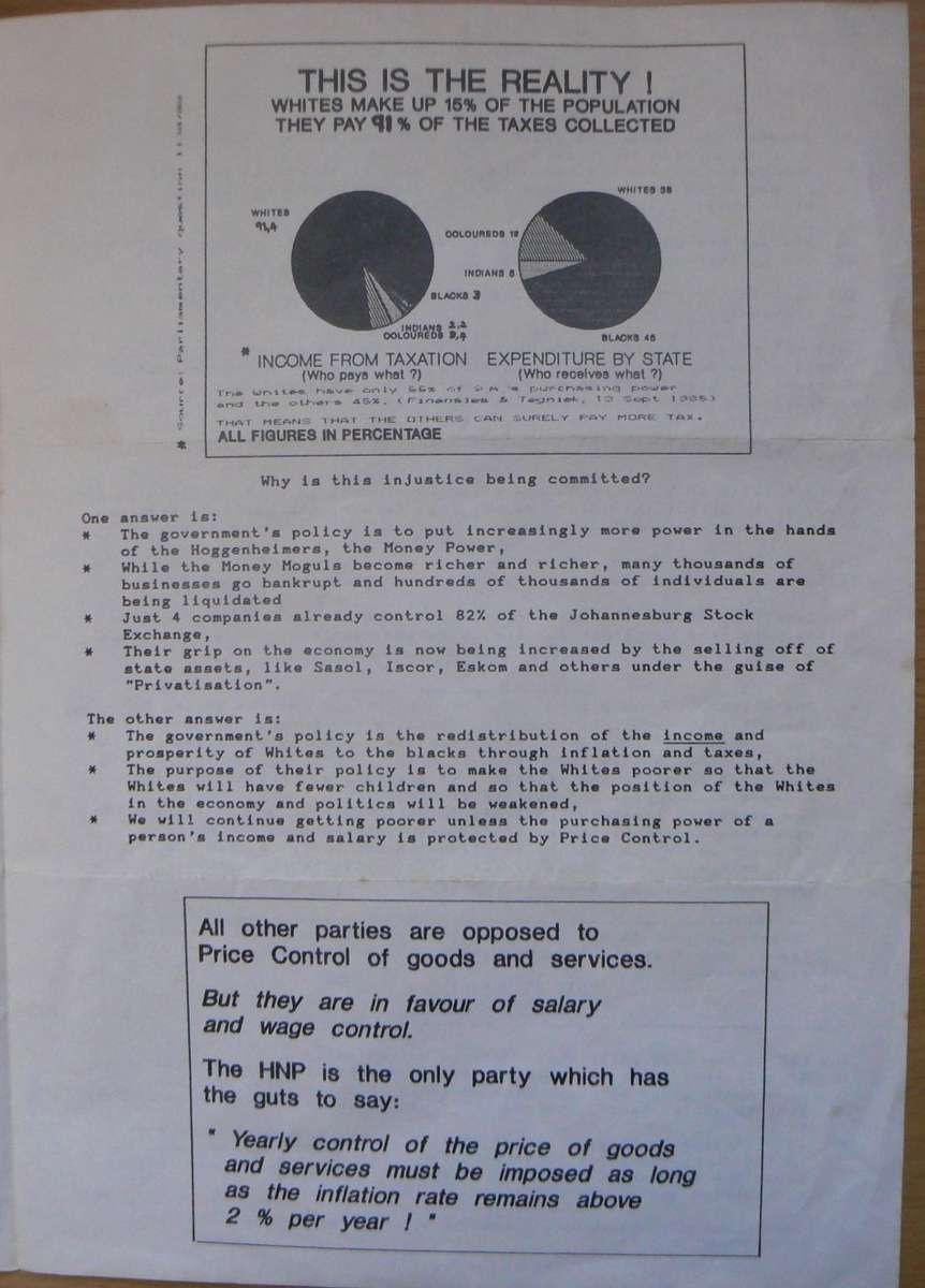 HNP A4 pamphlet (4 pages) promoting price control - apartheid propaganda circa 1989