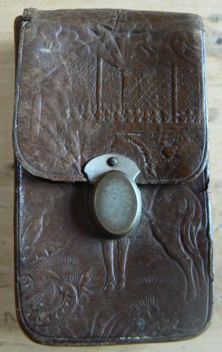 Officer's foldable field cutlery set in engraved leather pouch