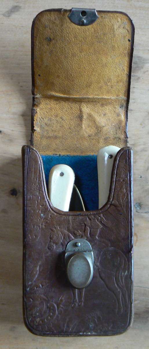 Officer's foldable field cutlery set in engraved leather pouch