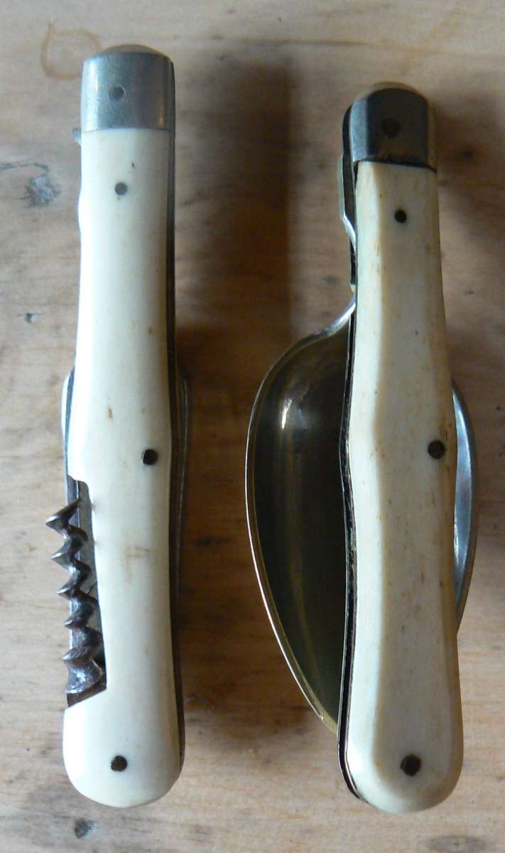 Officer's foldable field cutlery set in engraved leather pouch