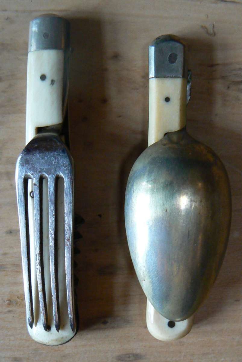 Officer's foldable field cutlery set in engraved leather pouch