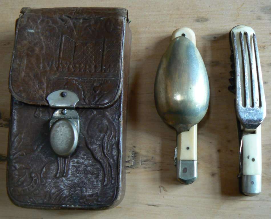 Officer's foldable field cutlery set in engraved leather pouch
