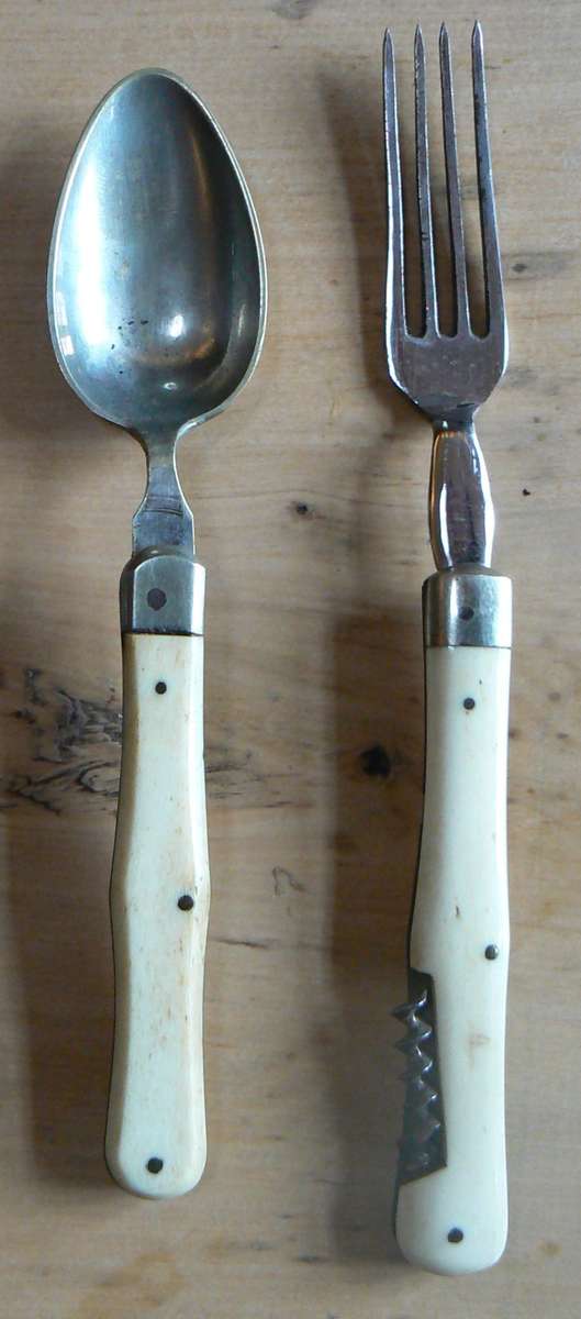 Officer's foldable field cutlery set in engraved leather pouch