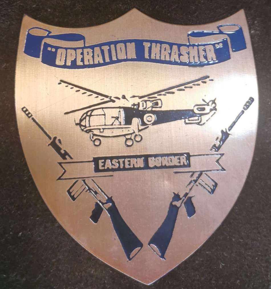 Rare Rhodesia hanging leather strap with 6 military operation copper plaques