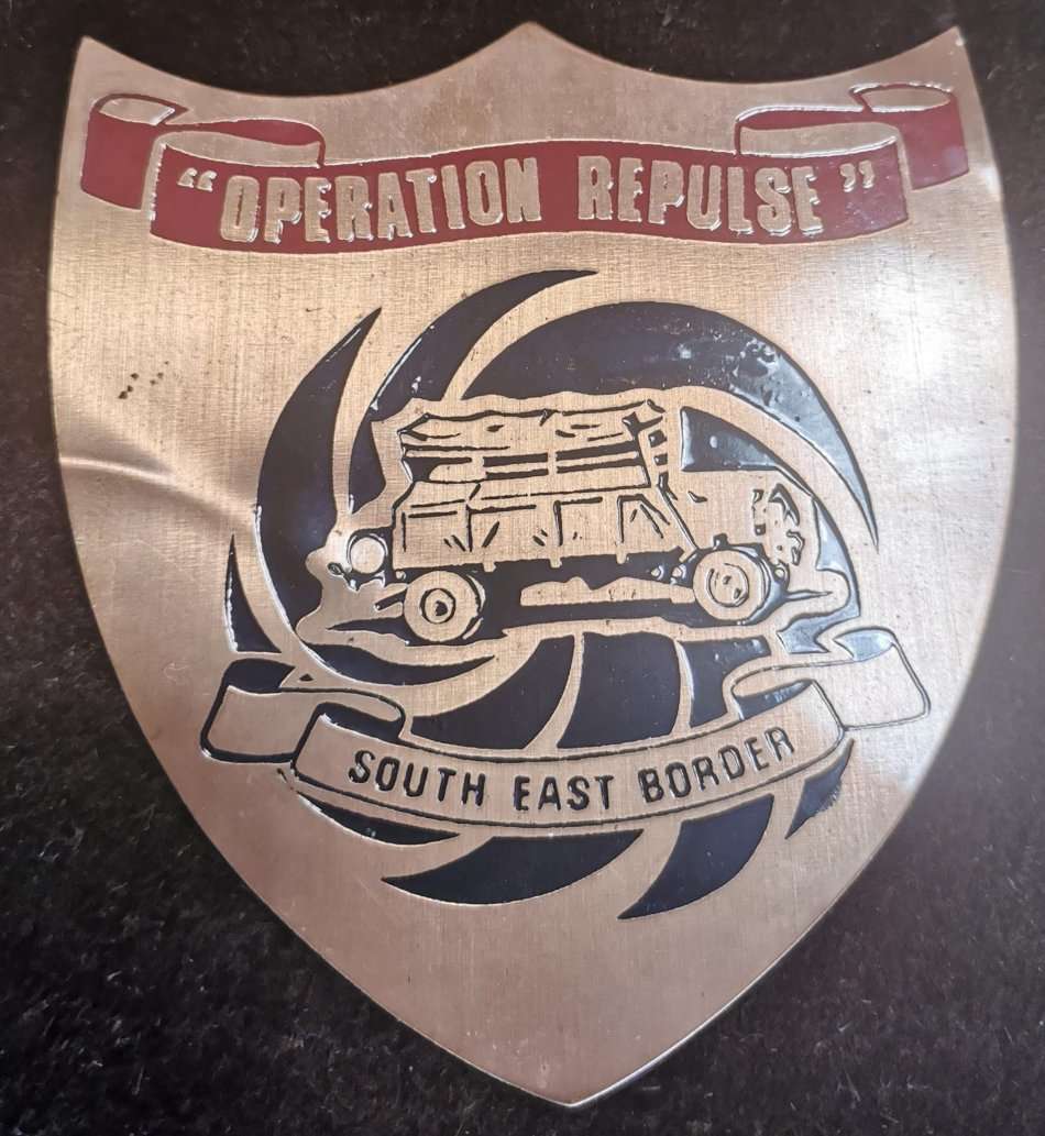 Rare Rhodesia hanging leather strap with 6 military operation copper plaques