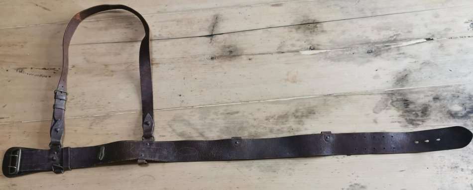 WW2-era 1940s officer's Sam Browne leather belt by Greatrex, undated, signed by owner