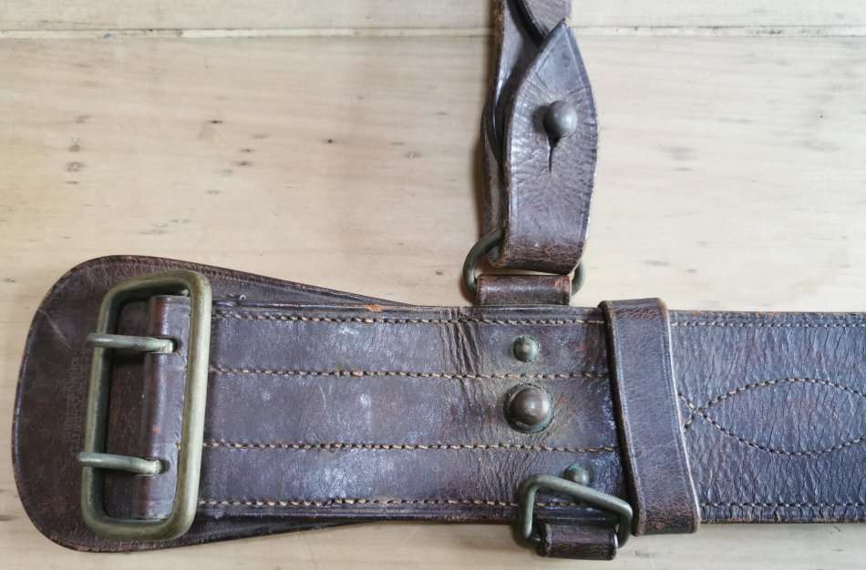 WW2-era 1940s officer's Sam Browne leather belt by Greatrex, undated, signed by owner