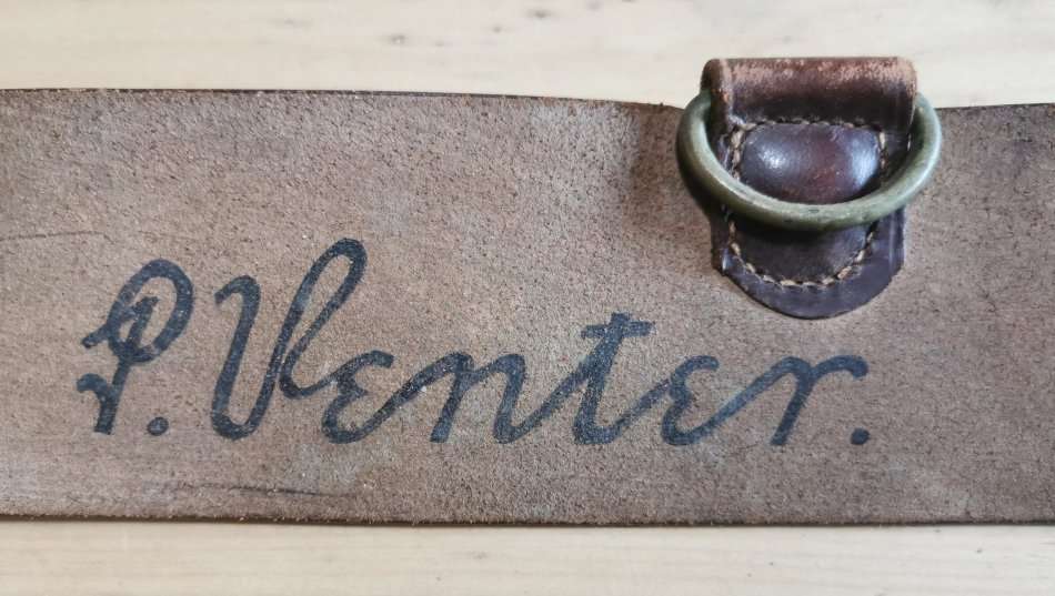 WW2-era 1940s officer's Sam Browne leather belt by Greatrex, undated, signed by owner